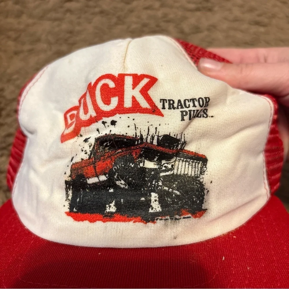 Vintage 80s 90s Buck Tractor Pulls Red Snapback Mesh Trucker Hat Cap